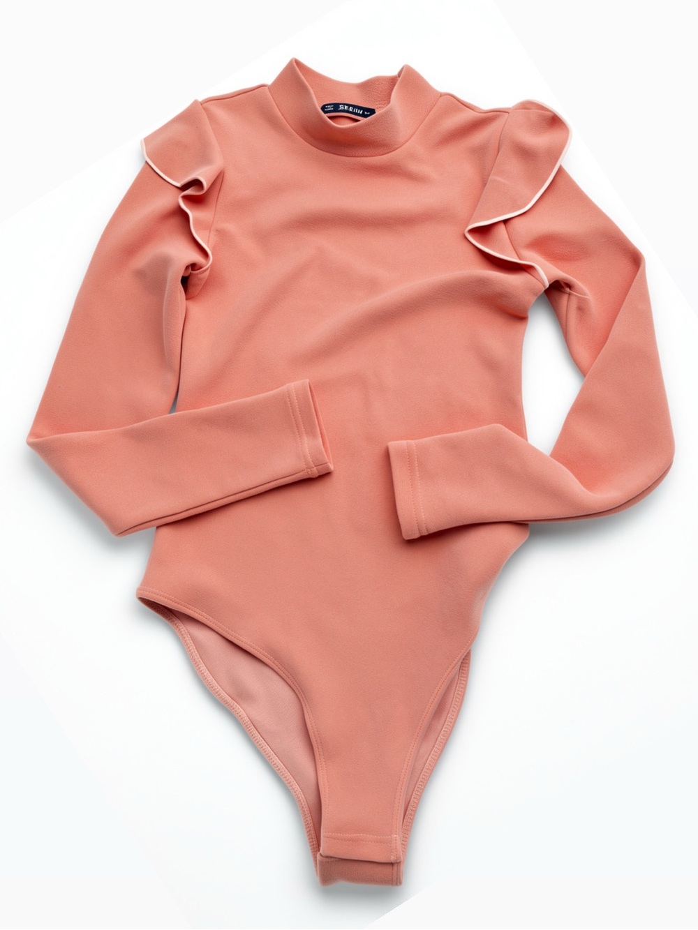 Pretty Light Pink Ruffle Shoulder Mock Neck Long Sleeve Bodysuit Size XS